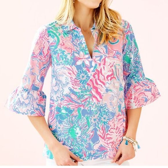 Lilly Pulitzer Ginger Top Floral Green V Neck SZ XXS NWOT - Picture 13 of 13